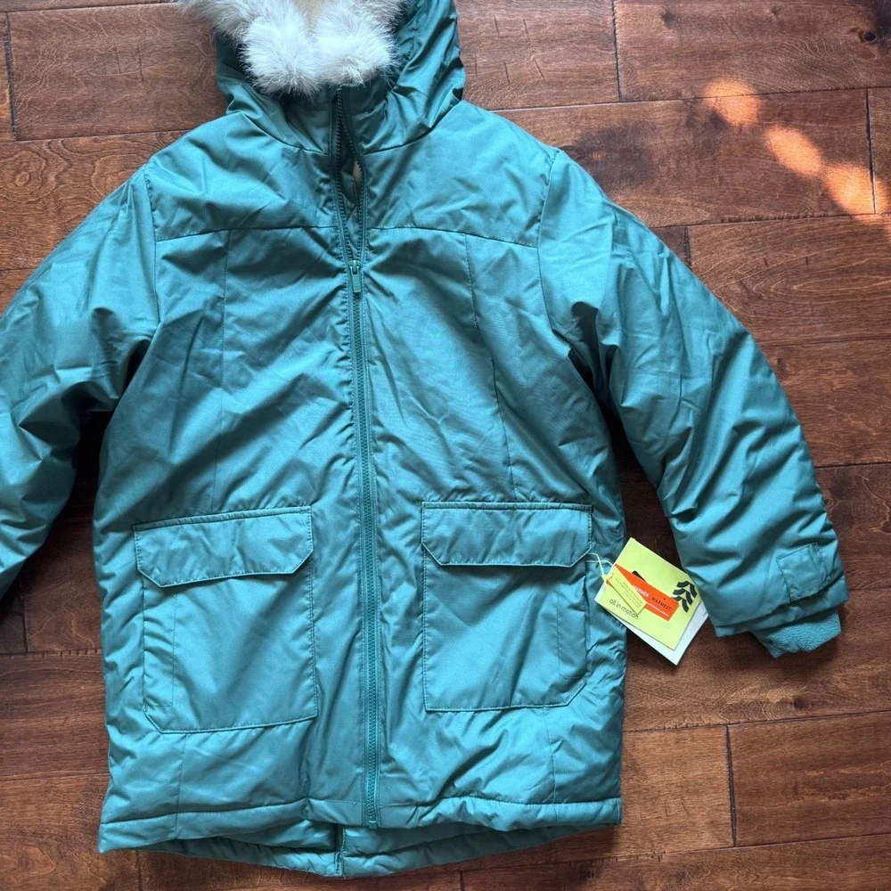 All in Motion Boys XL 14 Green Winter Parka Faux Fur Hood Water Resistant Jacket